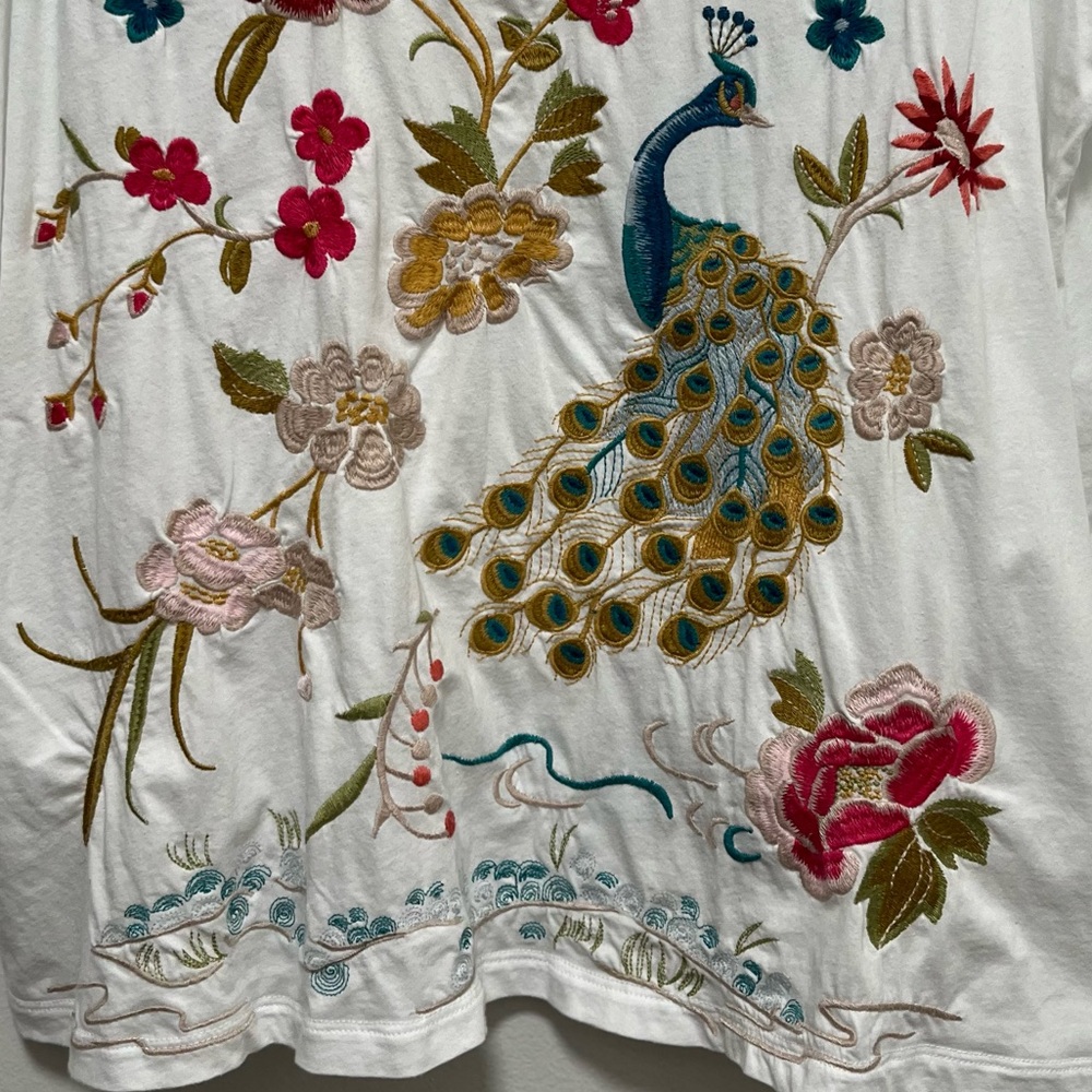 Johnny Was White Tank Top with Multicolor Floral & Peacock Embroidery - Picture 7 of 11